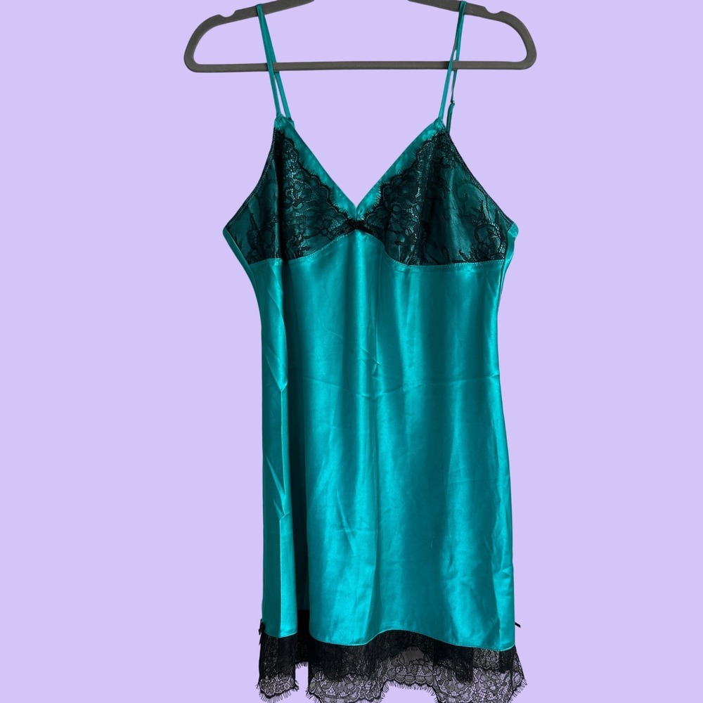 VTG Ambrielle Teal Satin Silk Chemise Slip Dress Lace L Whimsygoth Y2K Nightgown